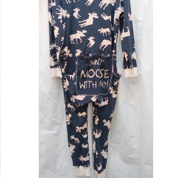 Lazy One XL Don't Moose With Me Blue & White 1 Pc Pajama with Trap Door Flapjack - Picture 12 of 13